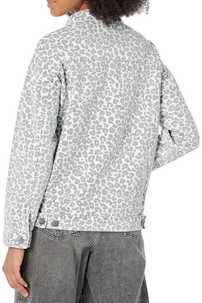 Leopard print denim jacket with lapel collar for women