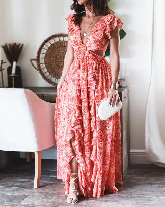 Women's Maxi Dress - Plunging V-Neck - Ruffled Sleeves - Cut-Out Waist - Flowy A-Line