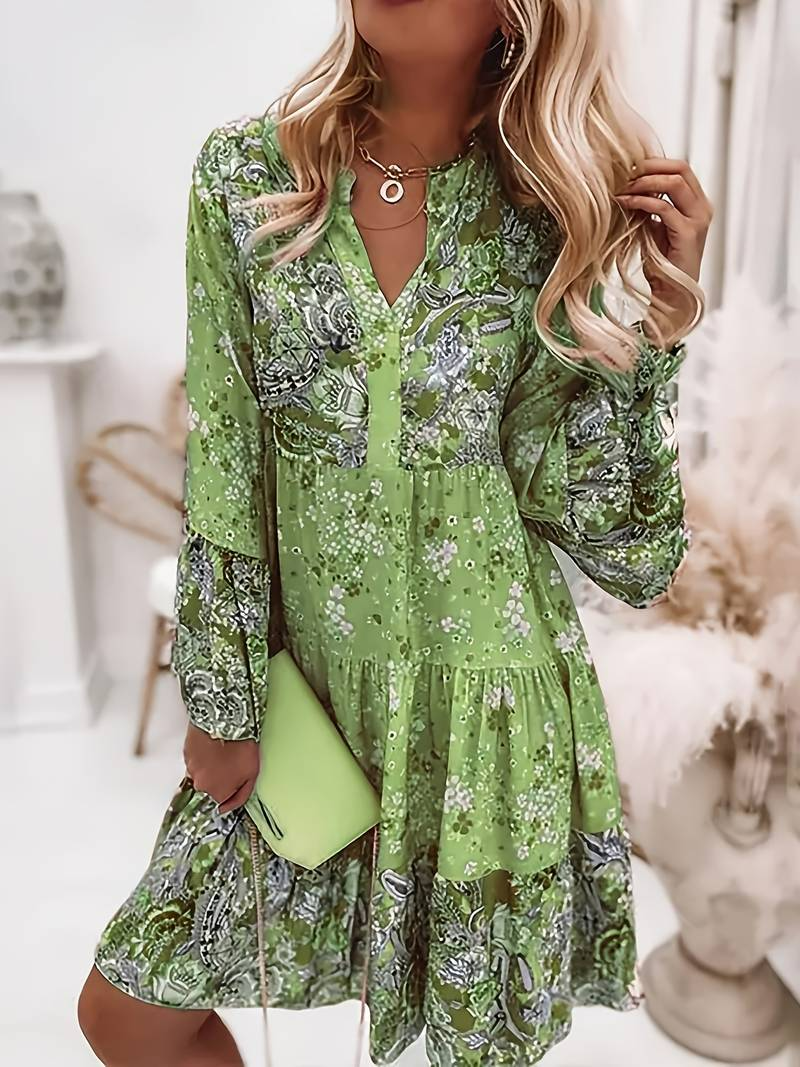 Women's Floral Print Dress - V-Neck - Long Sleeve - Flowy A-Line - Above Knee Length