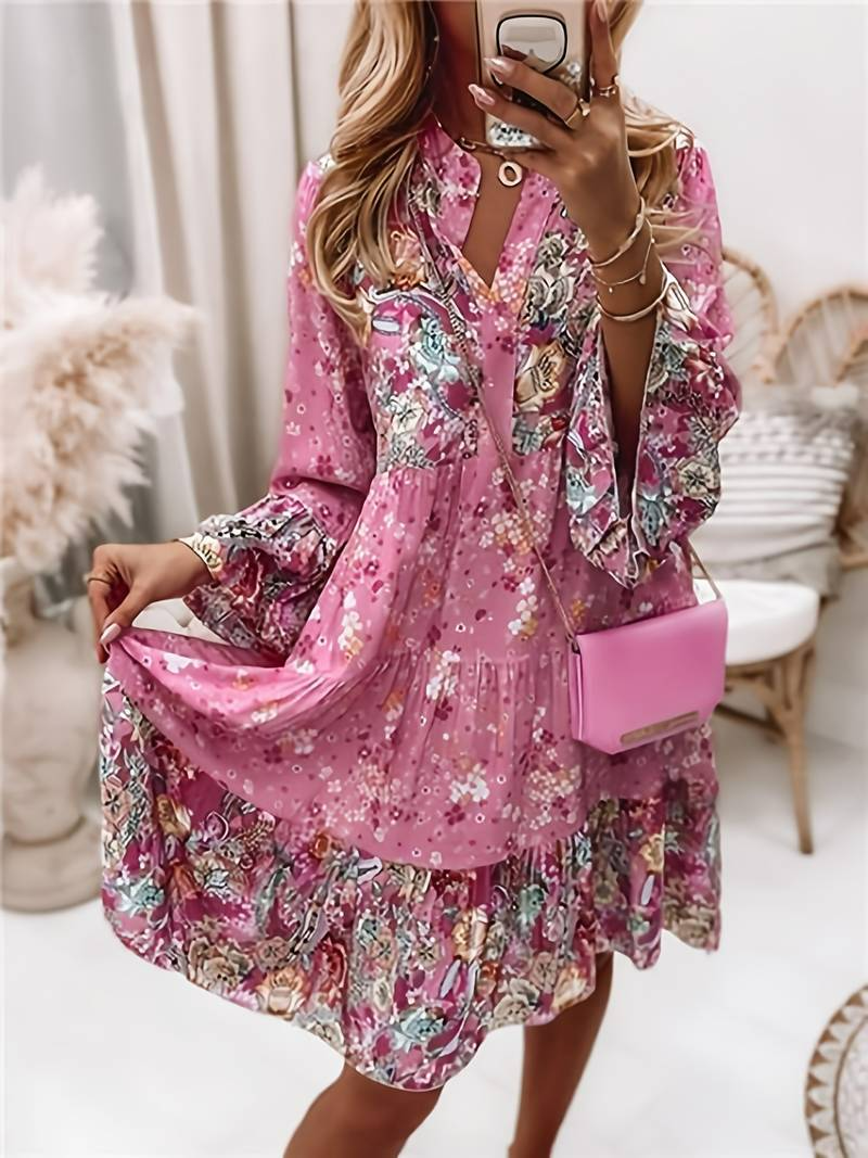 Women's Floral Print Dress - V-Neck - Long Sleeve - Flowy A-Line - Above Knee Length