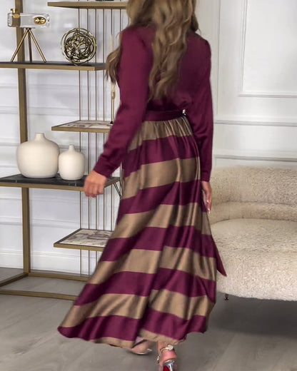 Women’s Maxi Dress - Button-Up Long Sleeve - Striped Flowing Skirt - Belted Waist