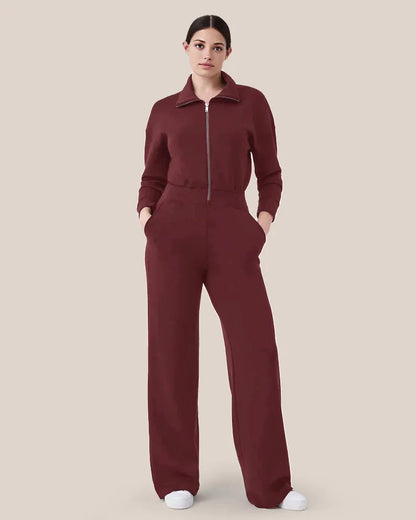 Women's long sleeve wide leg zip-up sweater jumpsuit