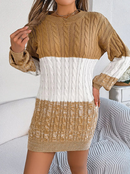 Women's Sweater Dress - Cable Knit - Color Block - Long Sleeve - Relaxed Fit