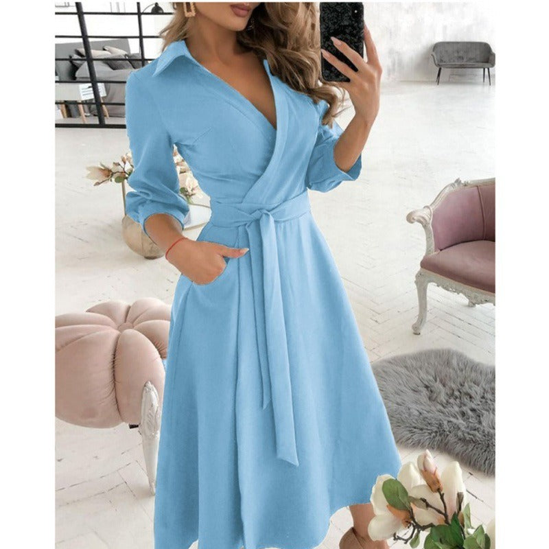Women’s Wrap Dress - V-Neck - Fitted Waist with Tie - A-Line Silhouette - 3/4 Sleeve
