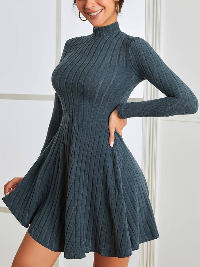 Women's Ribbed Knit Dress - Fit-and-Flare - Long Sleeve Mock Neck Elegant Style
