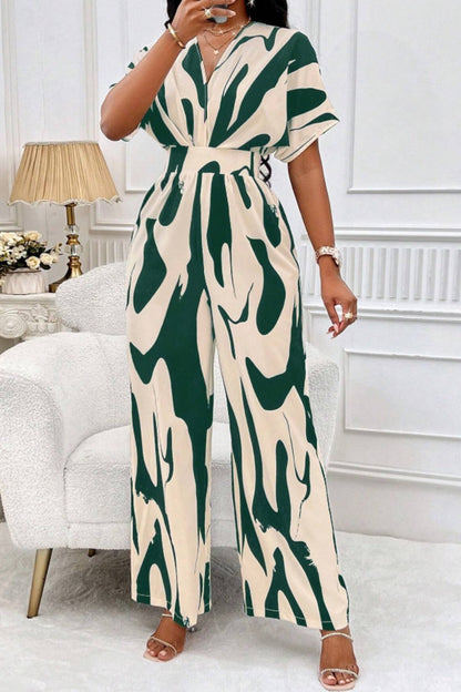Women's Jumpsuit - V-Neck - Short Sleeve - Wide Leg - Cinched Waist - Lightweight