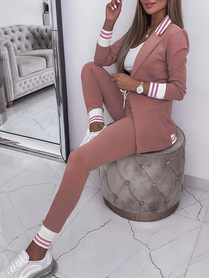 Striped collar two-piece casual suit with blazer and joggers for women