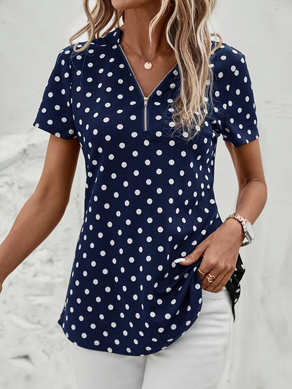 Short-sleeved v-neck zipper t-shirt with polka dots for women