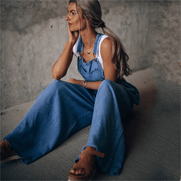 Women's Denim Overalls - Wide Leg - Adjustable Straps - Relaxed Fit Casual Wear