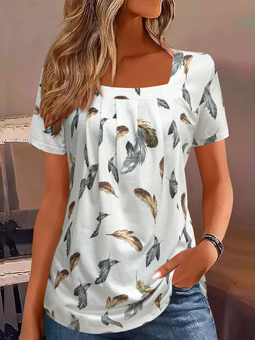 Elegant feather print square neck T-shirt for women