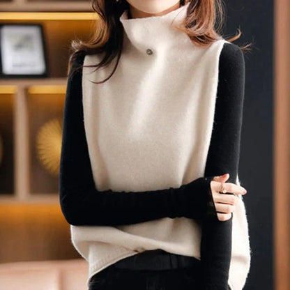 Women’s Sleeveless Vest – Relaxed Fit – Stand-Up Collar – Wool Blend Layering Piece