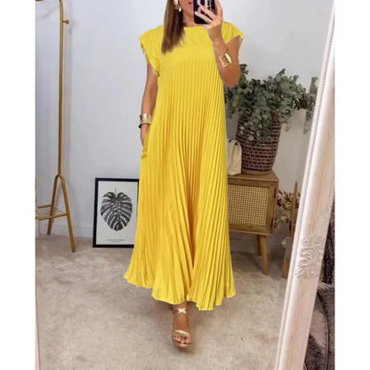 Women's Pleated Dress - Flowy Ankle-Length - Round Neck - Chic Cap Sleeves