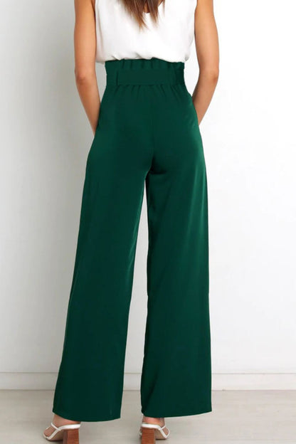 Women’s Wide-Leg Trousers – High Waist – Tailored Fit – Bow Waist Detail – Flowy Fabric