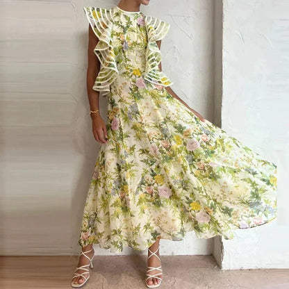 Women's Floral Midi Dress - A-Line Fit - High Neck - Ruffled Cap Sleeves Elegant Style