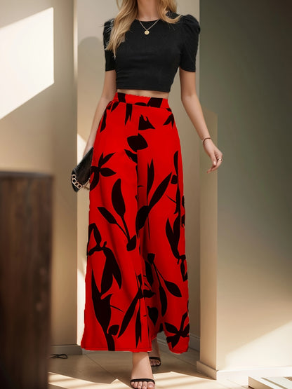 Elegant two-piece pantsuit set with floral wide-leg pants for women
