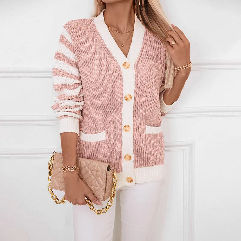 Women's striped loose button-up cardigan sweater