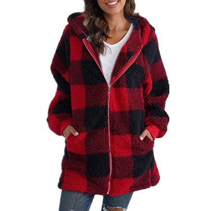 Women's mid-length zip-up hooded plaid jacket