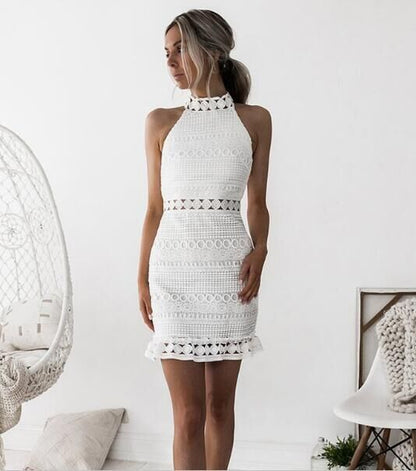Women’s Crochet Lace Mini Dress – High Neck – Sleeveless – White Summer Dress