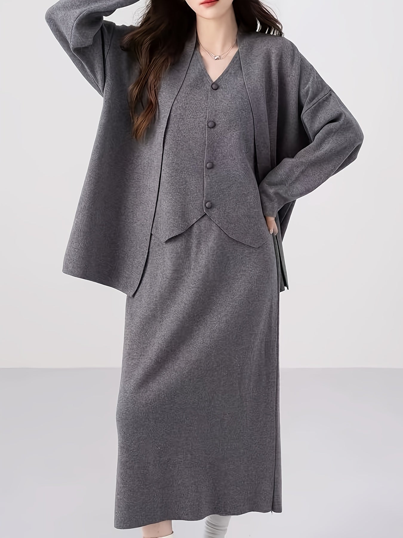Three-piece cardigan, vest, and skirt knit set for women