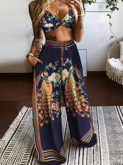 Women's Two-Piece Set – Bralette Crop Top & High-Waisted Wide-Leg Pants – Boho Chic