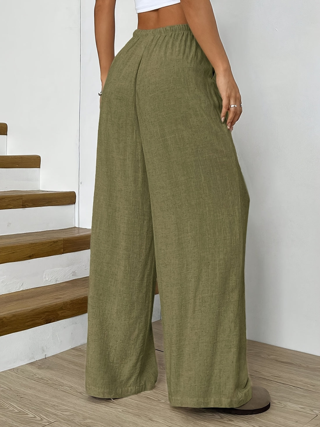 Green casual wide-leg drawstring waist pants for women