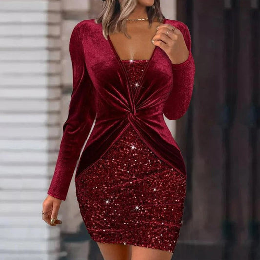 Women's Bodycon Dress - Velvet Top with Twist Front - Sequin Skirt - Long Sleeve Elegant Partywear