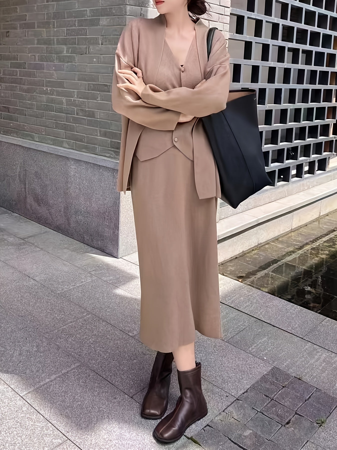 Three-piece cardigan, vest, and skirt knit set for women