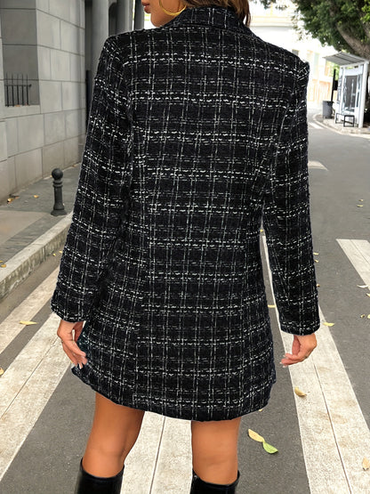 Women's Longline Blazer - Double-Breasted - Textured Plaid - Tailored Fit - Gold Buttons