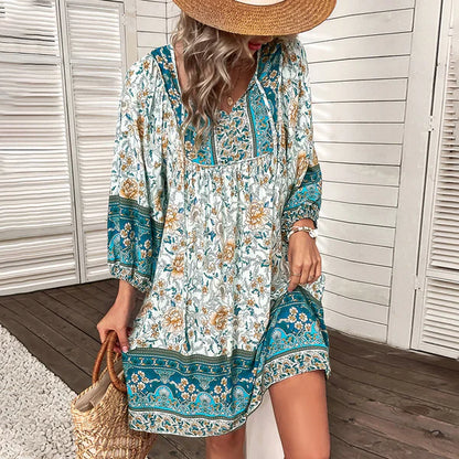Women's Bohemian Mini Dress - Square Neck - 3/4 Sleeve - Floral Print Flowy Fit