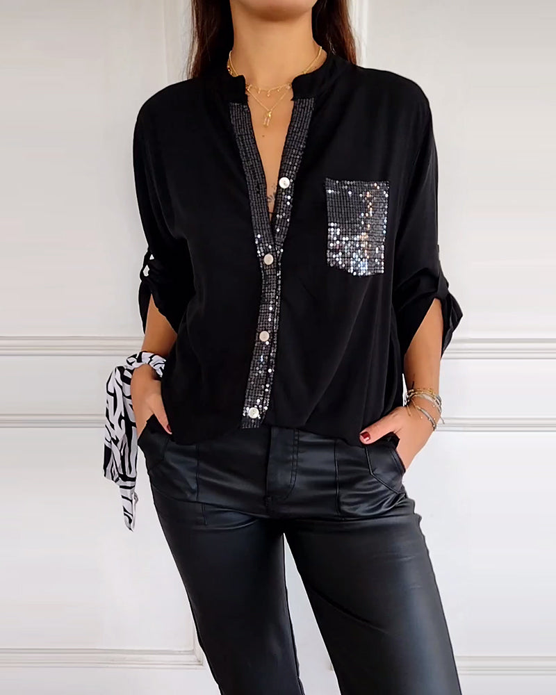 Women’s Blouse – Relaxed Fit – Sequin Placket and Pocket – Band Collar – Breathable Blend