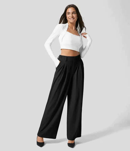 Women’s Wide-Leg Trousers – Pleated Front – Full Length – Fitted Waist with Belt Loops