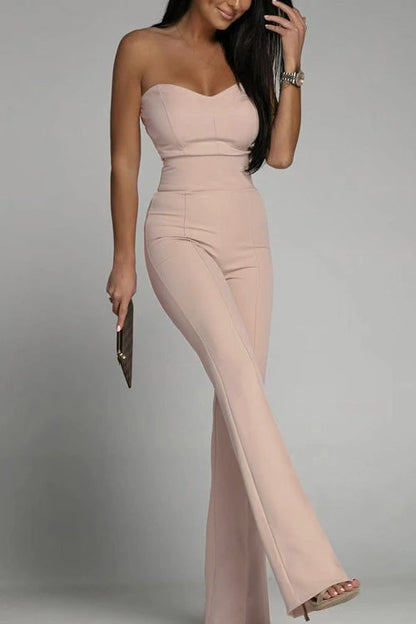 Women’s Strapless Jumpsuit – Fitted Bodice – High Waist – Flared Leg – Formal Fit