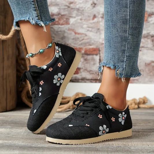 Floral Print Comfortable Lace-Up Sneakers