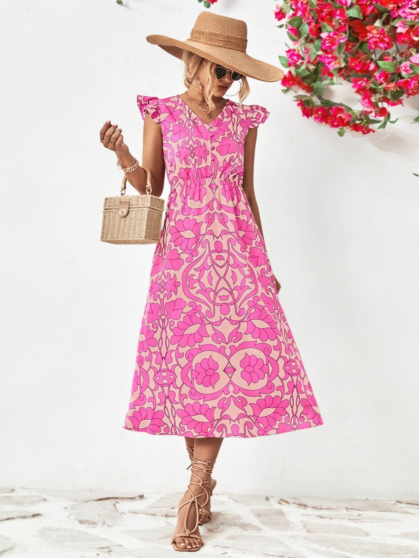 Women's Midi Dress - V-Neck - Short Ruffled Sleeves - Fitted Waist - Floral Print