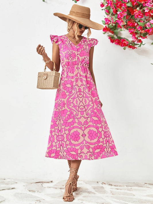 Floral Print Ruffled Sleeve Midi Dress