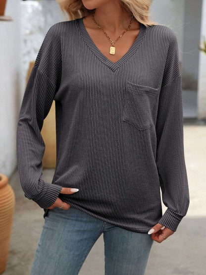 Women's V-Neck Sweater - Textured Knit - Long Sleeve - Relaxed Fit - Chest Pocket