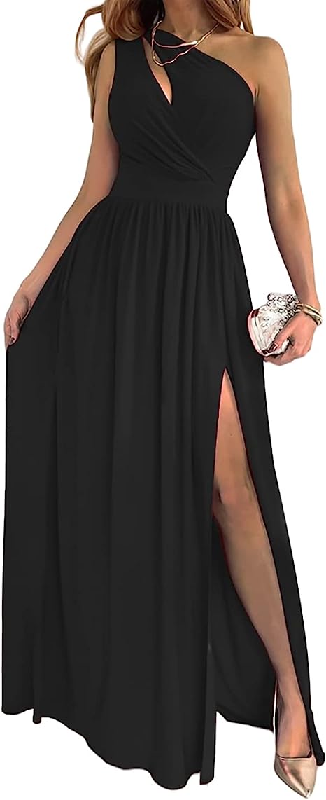 Women's Evening Gown - One-Shoulder Elegant Design - Pleated Bodice - High Slit