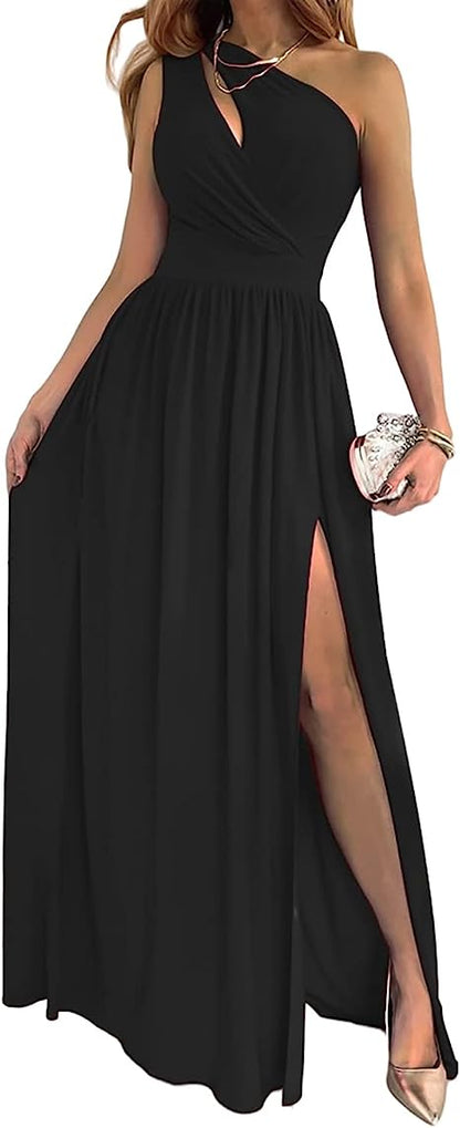 Women's Evening Gown - One-Shoulder Elegant Design - Pleated Bodice - High Slit
