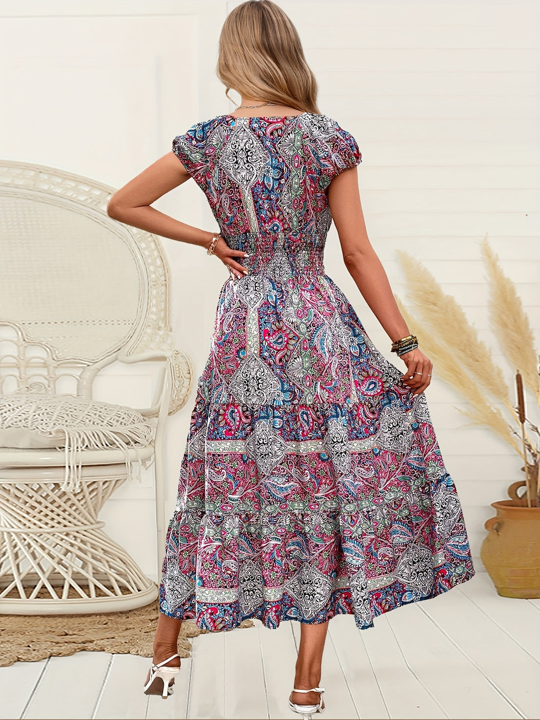 Bohemian V-neck short sleeve paisley print maxi dress for women