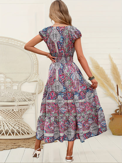 Women’s Maxi Dress - V-Neck Paisley Print - Short Sleeve Flowy Boho Style