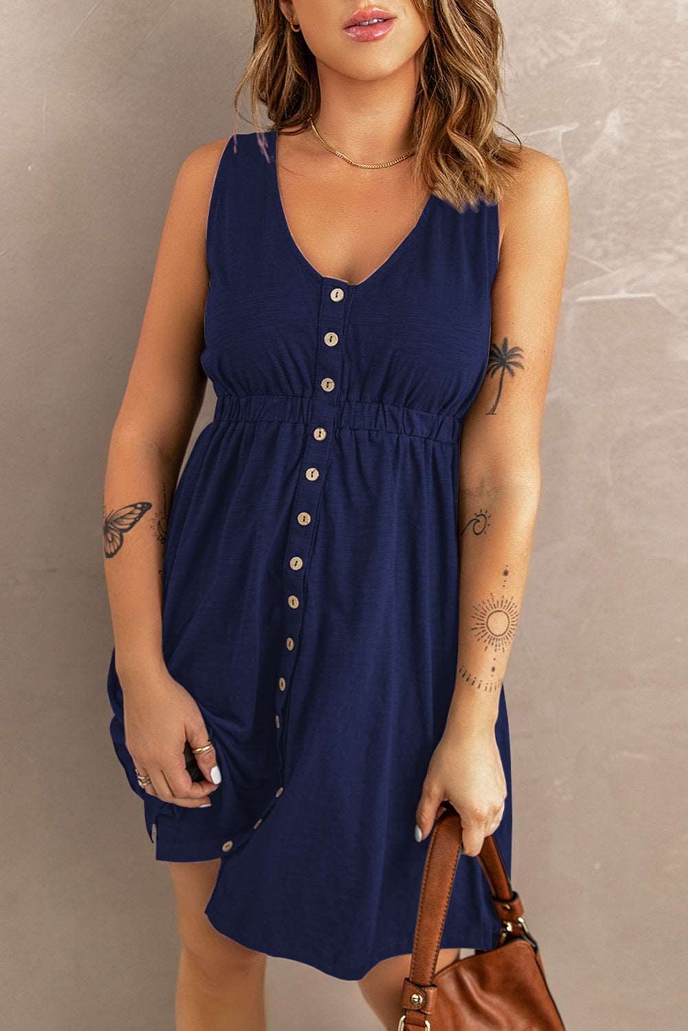 Women's Sleeveless Button-Up Mini Dress - V-Neck - Elastic Waist - Casual Fit