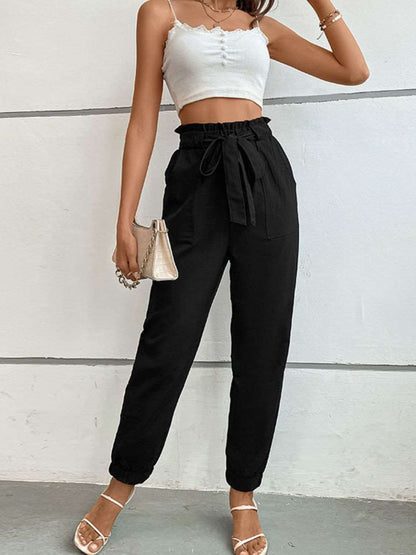 Women’s Paper Bag Trousers - High Waist - Tapered Leg - Tie Front - Relaxed Fit