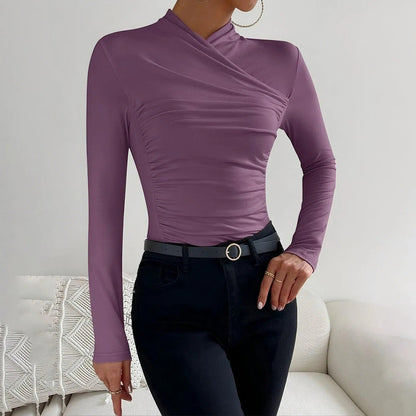 Women's Wrap Top - Long Sleeve Fitted Design - Elegant Draped Front