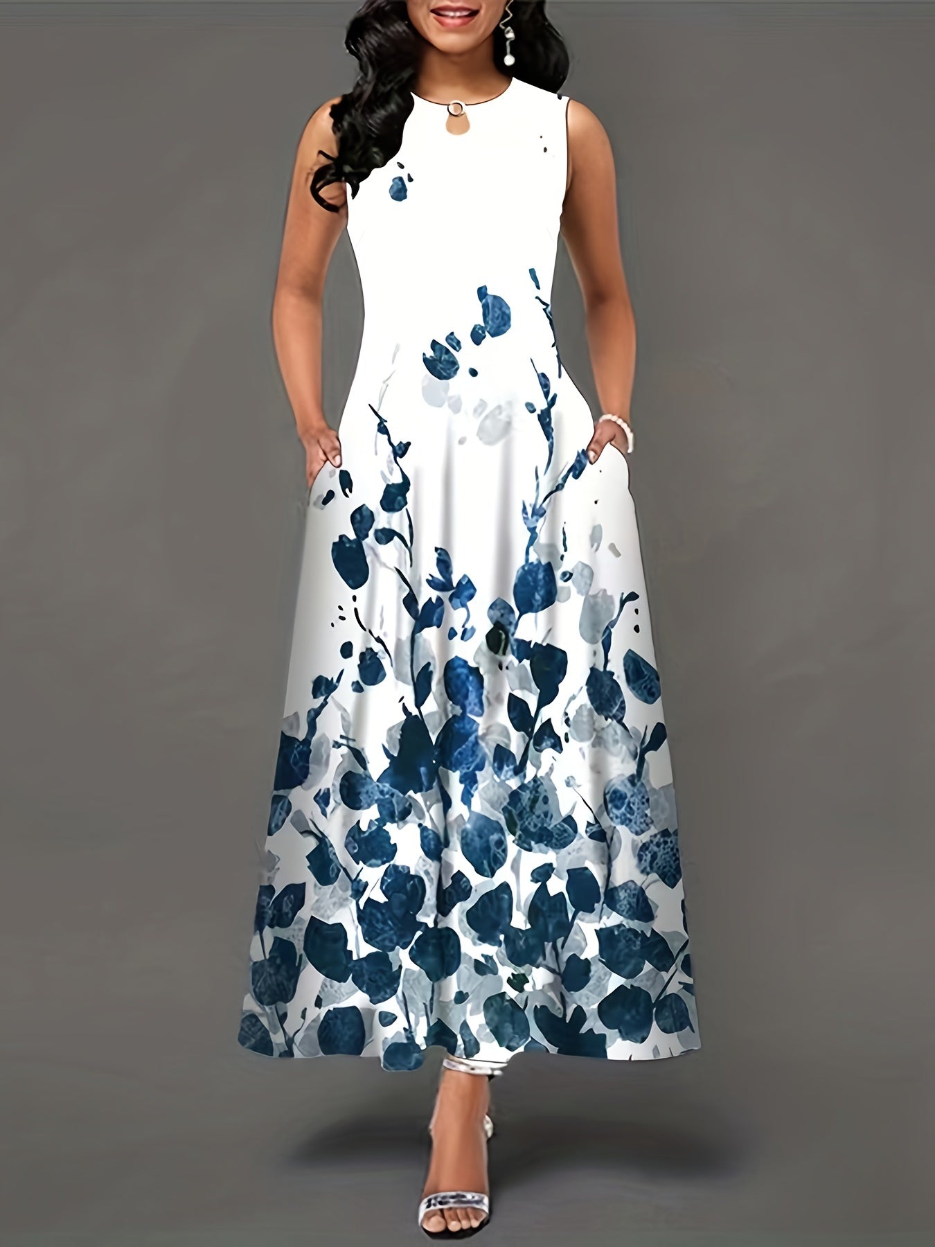 Sleeveless floral printed maxi dress with round neckline for women