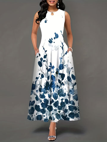 Sleeveless floral printed maxi dress with round neckline for women