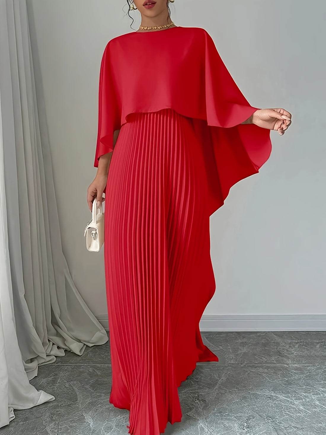 Elegant pleated maxi cape dress for women