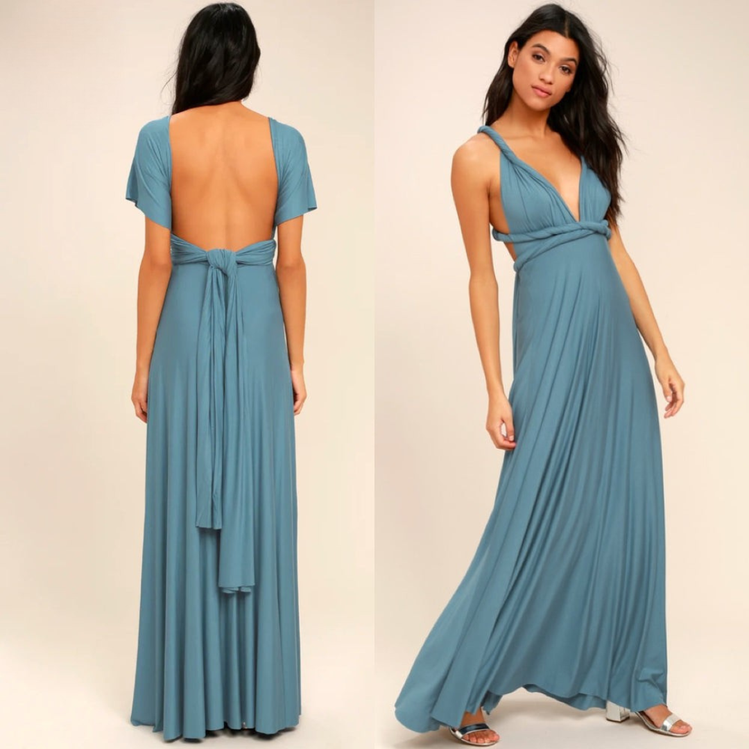 Women's Maxi Dress - Flowing A-Line Silhouette - Deep V-Neck - Open Back Tie Detail