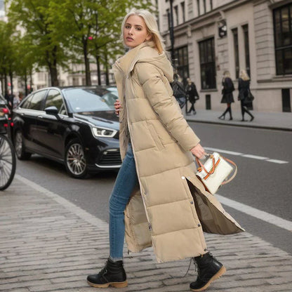 Long padded hooded winter coat jacket for women
