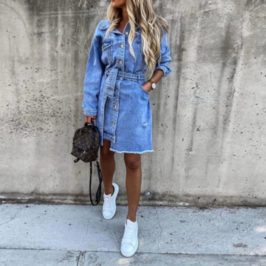 Women’s Denim Dress - Button Down - Long Sleeve - Belted Waist - Frayed Hem