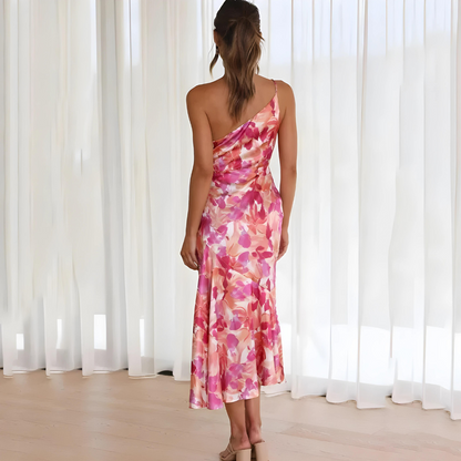 Women's One-Shoulder Dress - Floral Print - Midi Length - Elegant A-Line Fit